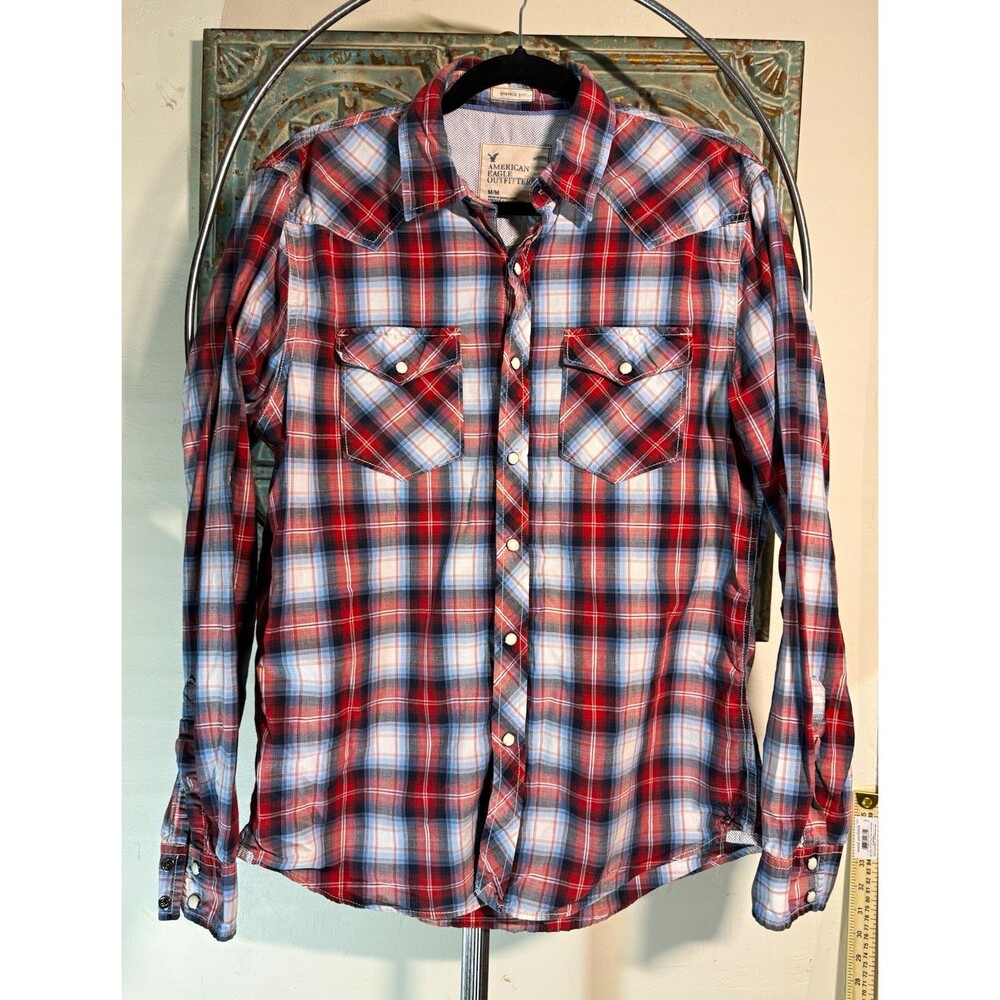 American Eagle Outfitters Men's M Red Blue White Plaid Woven Cotton Vintage Fit